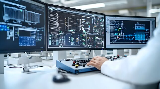 Close up shot of a worker operating an advanced industrial control panel surrounded by multiple monitors and fuel processing equipment  The panel features various buttons knobs