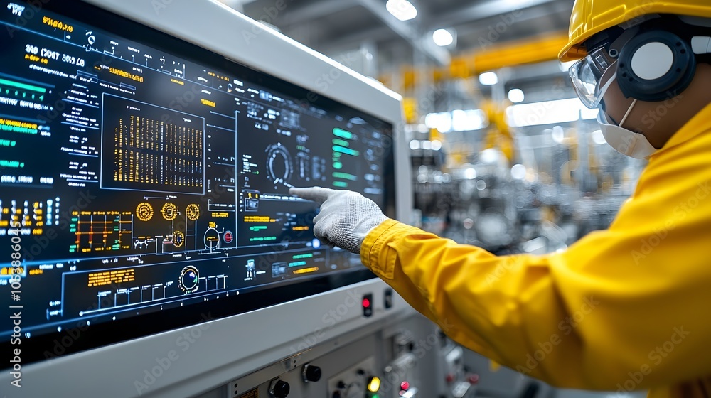Aufkleber Technician operating a complex control panel monitoring fuel processing systems in an industrial setting with high tech digital displays and analytics interfaces