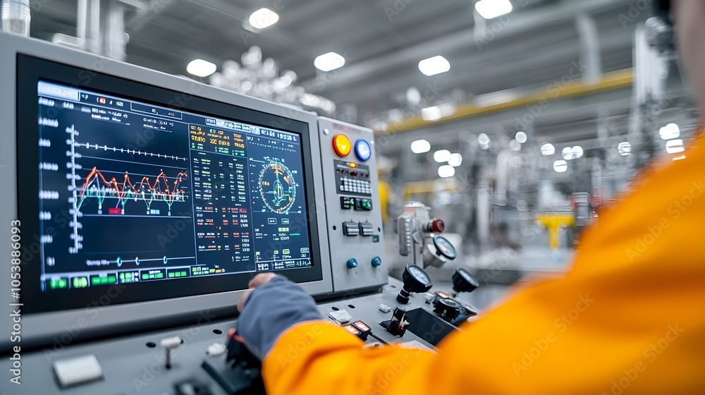 Aufkleber Technician operating a complex control panel monitoring fuel processing systems in an industrial setting with high tech digital displays to analyze data and optimize production