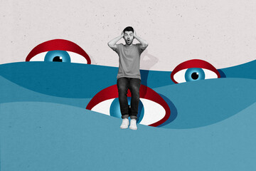 Composite creative art collage of shocked guy sit eyeball control vision eyes jewish freemason...