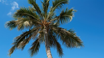 Obraz premium A solitary palm tree reaching towards a vibrant blue sky, its fronds spreading wide and casting long shadows, a picturesque symbol of tropical paradise.