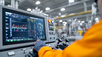 Technician operating a complex control panel monitoring fuel processing systems in an industrial setting with high tech digital displays to analyze data and optimize production