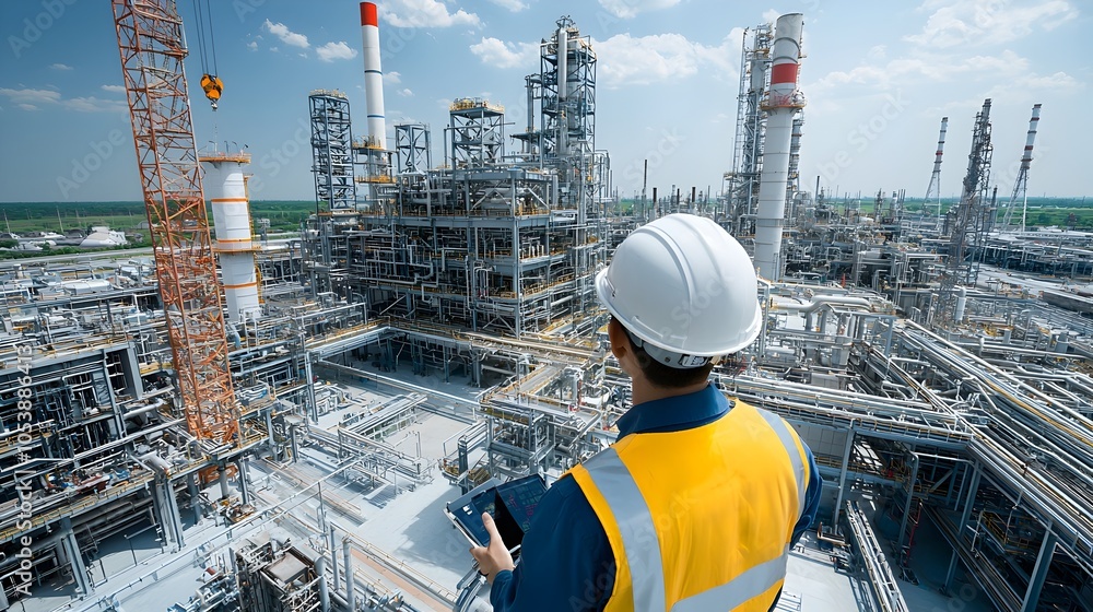 Poster Worker Focused on Fuel Processing Controls Using Advanced Technology to Oversee in a High Tech Industrial Environment  Automation Efficiency and Digital Transformation in the Manufacturing Sector