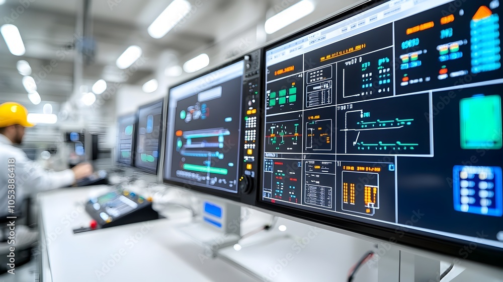 Poster Industrial Control Room Worker Monitoring Fuel Processing and System Performance via High Tech Digital Control Panels and Interfaces for Optimization and Workflow Efficiency