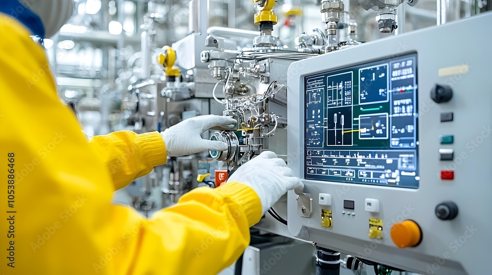 Aufkleber Worker operating advanced fuel processing systems from a control panel surrounded by digital monitoring tools and machinery in a modern industrial manufacturing or energy production facility
