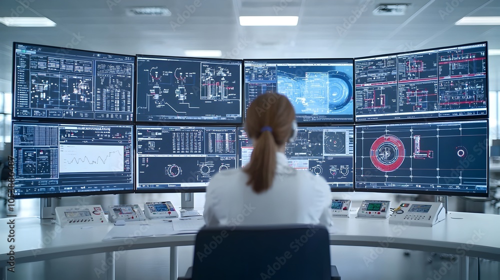Aufkleber Worker Monitoring Fuel Processing via Advanced Control Panels and Digital Interfaces Ensuring Optimal System Performance in an Industrial Setting