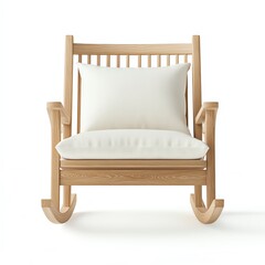 A minimalist wooden rocking chair with a soft white cushion, isolated on white background.