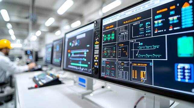 Industrial Control Room Worker Monitoring Fuel Processing and System Performance via High Tech Digital Control Panels and Interfaces for Optimization and Workflow Efficiency