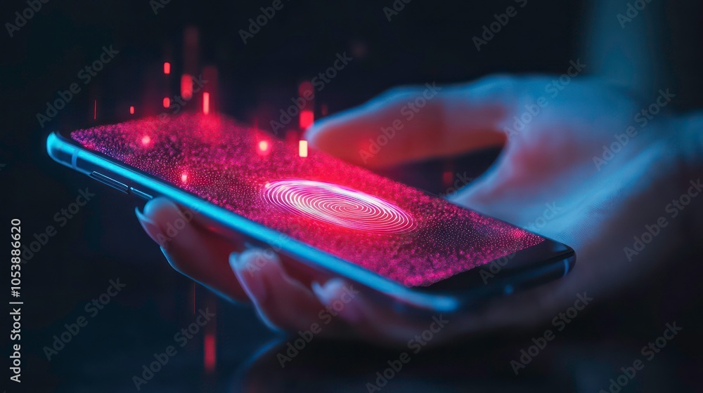 Poster a hand holding a smartphone with a glowing fingerprint scan on the screen.