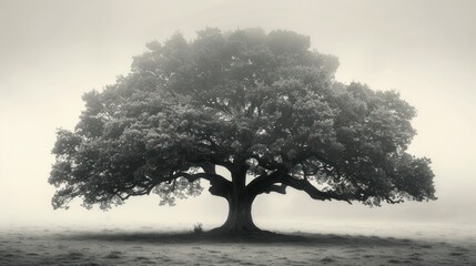 Obraz premium A majestic tree stands alone in a foggy landscape, capturing the essence of solitude and tranquility in nature.