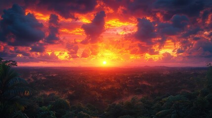Obraz premium Vibrant sunset over a lush, misty jungle landscape.