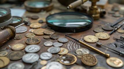 Antique workbench covered with old coins of various countries and a magnifying glass is illuminated by natural light coming through the window