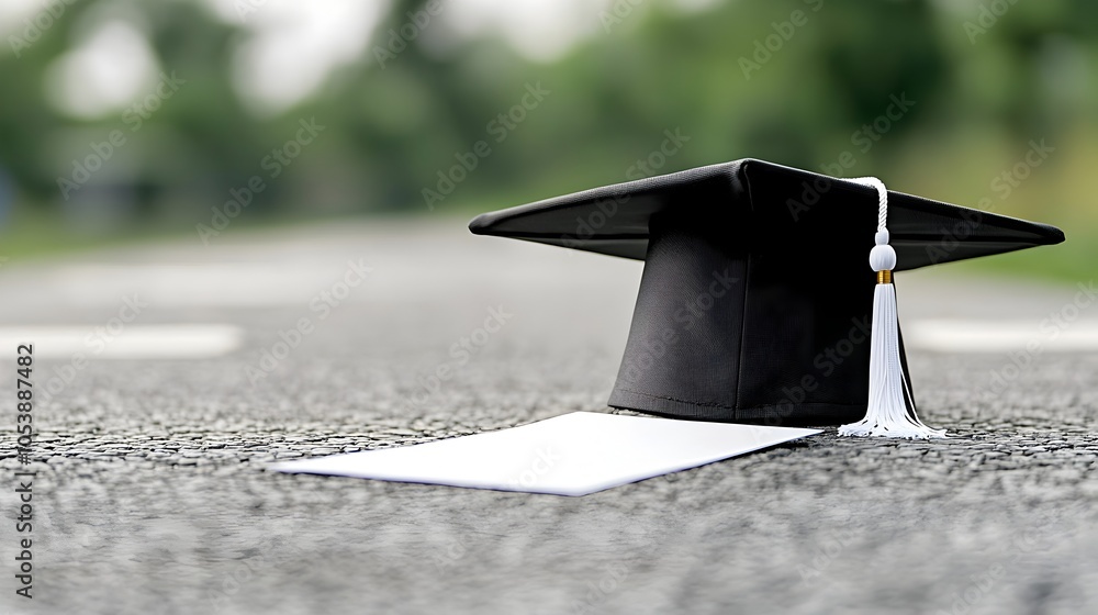 Poster graduation cap resting on a plain surface with empty space in the center symbolizing the accomplishm