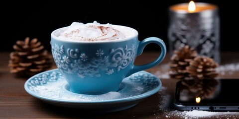 Fototapeta premium A blue teacup with intricate floral designs, filled with creamy frothed beverage, rests on a matching saucer dusted with white powder, creating a cozy winter scene.