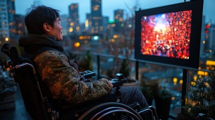 Fototapeta premium A wheelchair user enjoys an evening rooftop cinema experience with city skyline views