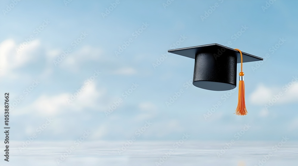Poster floating graduation cap suspended in a tranquil minimalist space with a clean ethereal background sy