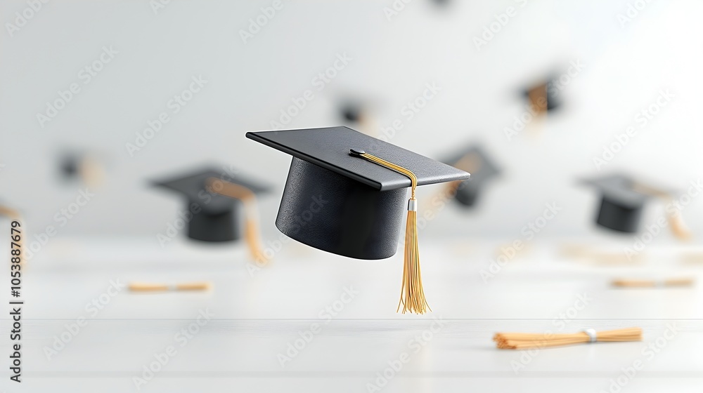 Fototapete Floating graduation cap with empty space surrounding it in a conceptual minimalist design representing academic achievement scholarly success and the power of knowledge and education