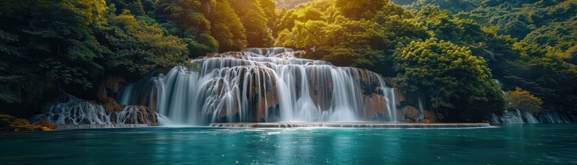 Fototapeta premium A stunning waterfall cascading into a serene turquoise pool, surrounded by lush greenery and illuminated by warm sunlight.