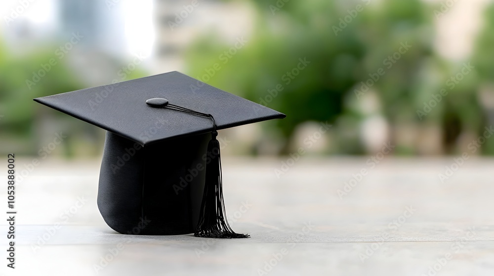Fototapete Elegant Black Graduation Cap in Sharp Focus with Blurred Background and Empty Space in the Middle Symbolizing Academic Achievement and New Opportunities