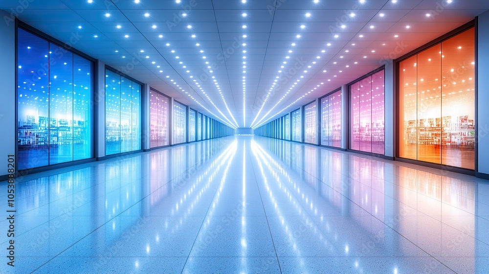 Poster a long hallway with many windows and lights. the windows are colorful and the lights are bright. the