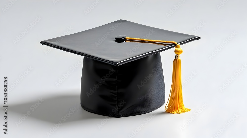 Leinwandbilder Shiny metallic graduation cap with a tassel hanging against a plain white background leaving ample empty space on the right side for adding text logo or other design elements
