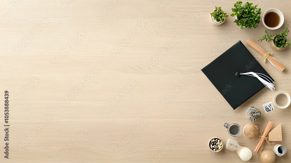 Fototapete graduation cap placed on wooden table with empty space in the middle representing the milestone of a