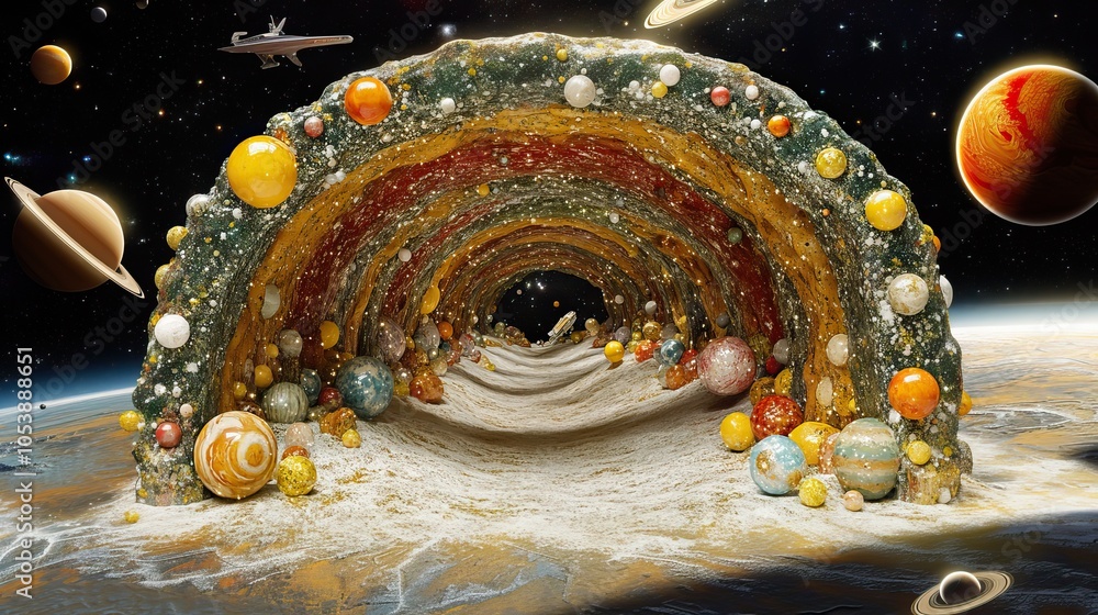 Poster a colorful tunnel with a bunch of balls and a planet in the background. the tunnel is decorated with
