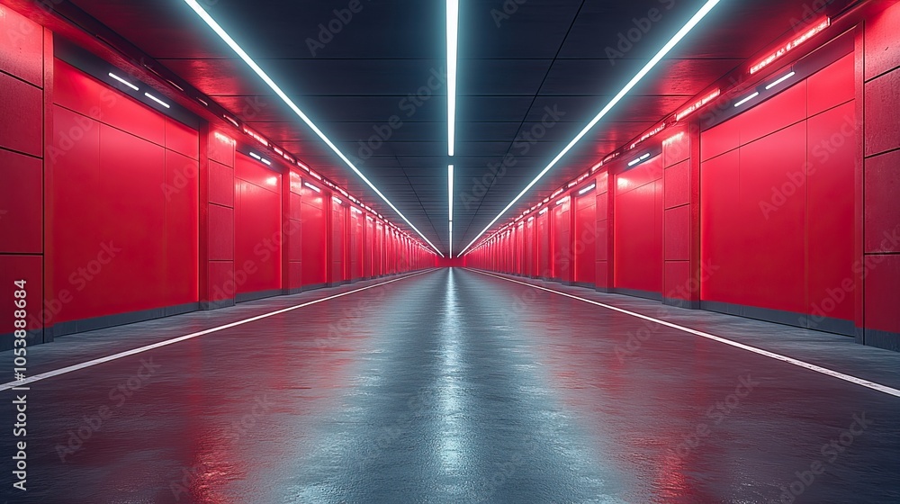 Poster a long hallway with many windows and lights. the windows are colorful and the lights are bright. the