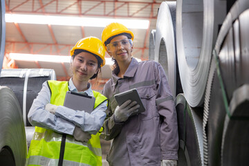 A female engineer is inspecting steel plates in a factory.