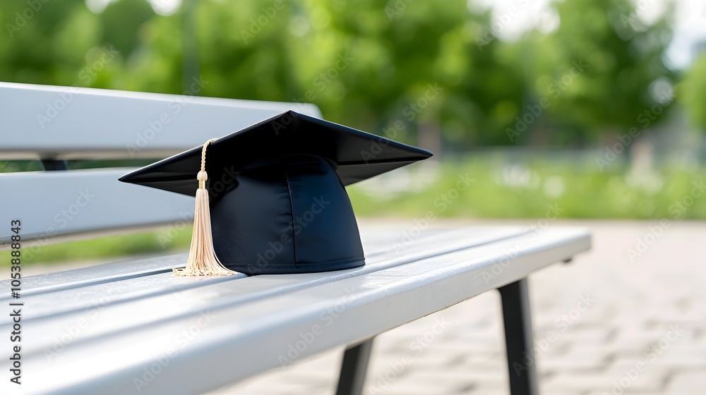 Fototapete Graduation cap resting on a bench with empty space to the left symbolizing the completion of an academic journey and the beginning of new opportunities