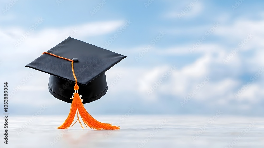 Fototapete a graduation cap soaring in the wind with an open expanse of sky and clouds creating a sense of oppo