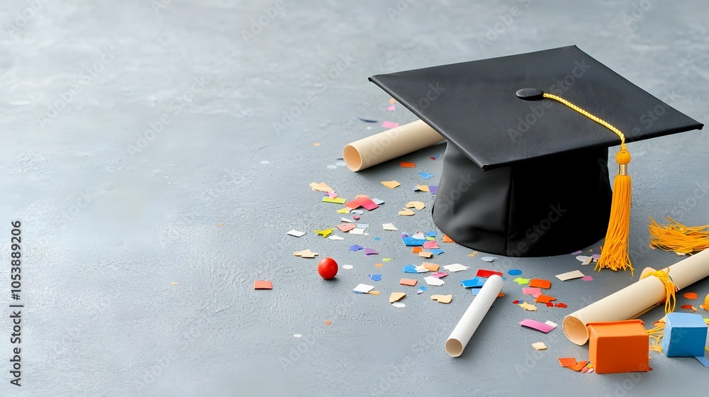 Fototapete graduation cap with colorful confetti overlay against a simple blank background providing ample spac