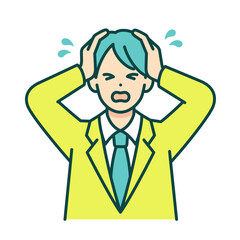 ショックで泣く男子高生。パニックで頭を抱える男性のベクターイラスト素材。