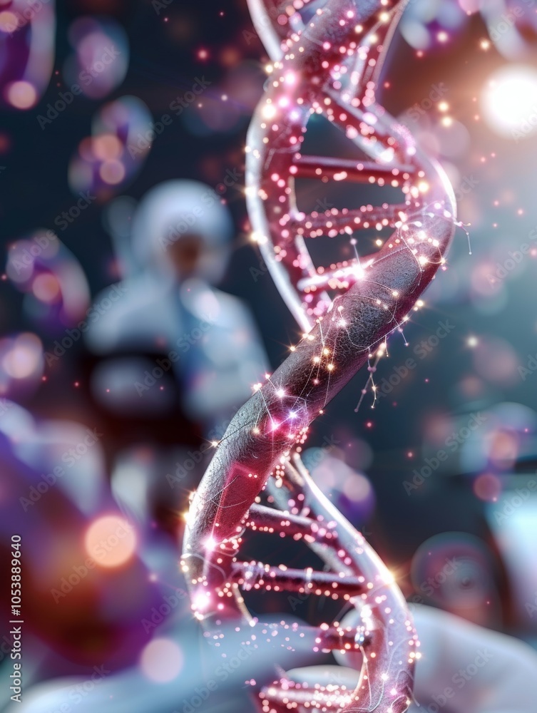 Poster close-up of glowing dna helix with scientist in background in laboratory setting.