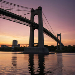 Fototapeta premium Majestic Suspension Bridge Over Calm River at Sunset with Silhouetted Steel Cables