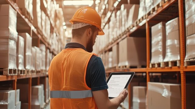 Employee checking inventory list on tablet, streamlined warehouse workflow