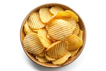 Ridged potato chips in bowl isolated on white background from bird eye view
