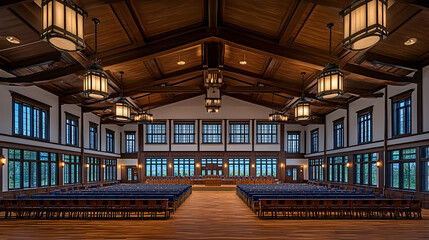 Fototapeta premium Spacious Hall with Wooden Beams and Chandeliers, auditorium, wooden ceiling, lights, wooden floor, rows of chairs