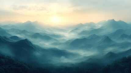 Fototapeta premium Serene mountain landscape at sunrise with misty valleys.