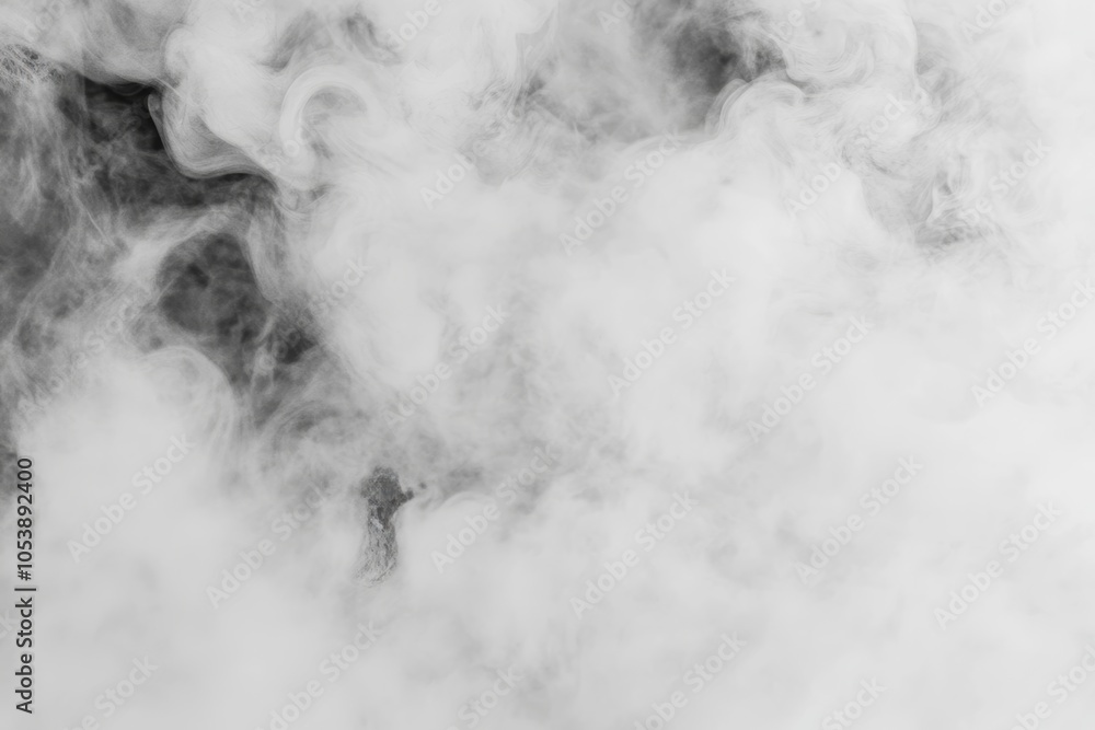 Poster a white background with puffs of smoke and fog, and vapors floating in a cloudy overcast sky. the gr