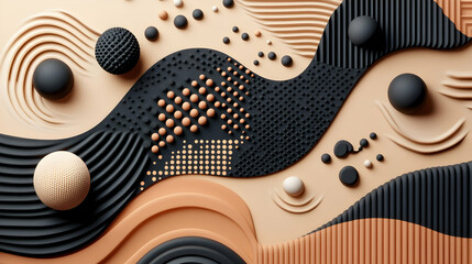 Abstract 3D Geometric Shapes in Black, Brown, and White, art, background, circle, design, digital art