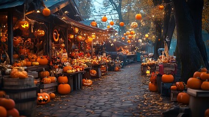 Naklejka premium Halloween lively autumn market scene with festive decorations