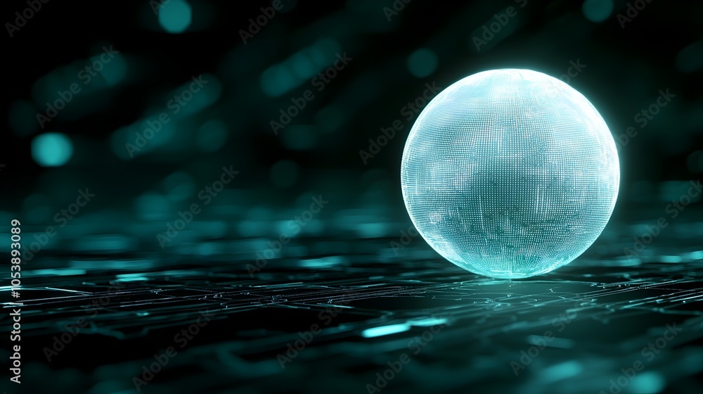 Poster futuristic globe in cybernetic landscape - augmented reality interfaces and grids in infinite cybers