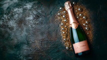 Champagne bottle with gold glitter and pearl beads, sparkle, pearls, celebration, party, festive