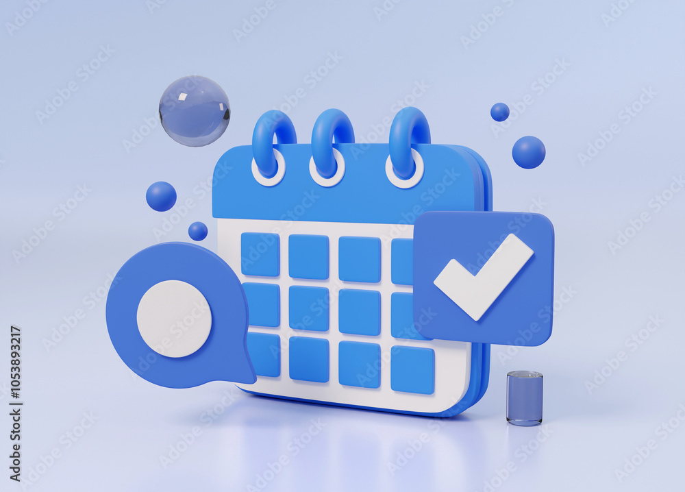 Poster 3d rendered illustration of calendar, scheduling and planning icons. speech bubbles and checkmarks g