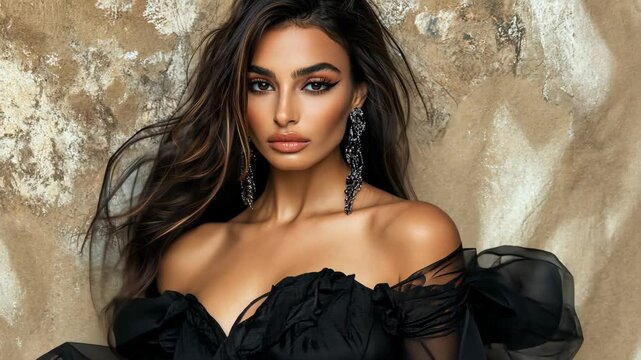 A woman with long dark hair and a black dress poses in front of a textured beige wall