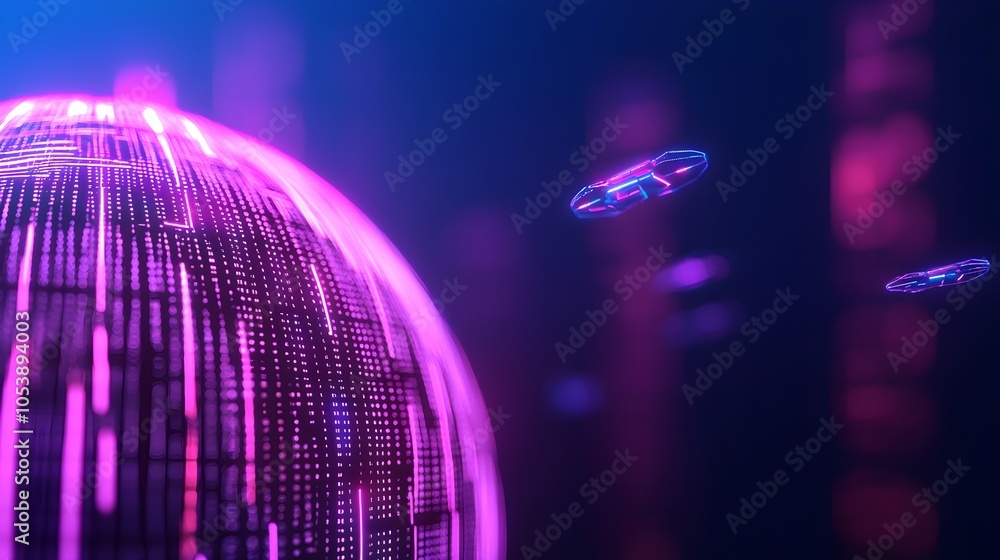 Poster futuristic metropolis with glowing globe - dynamic light trails from flying robots and neon reflecti