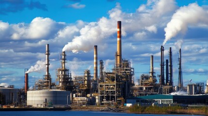 Obraz premium Industriel Site with Factory, Pipes, and Aluminium Structure in Steel Background