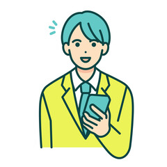 嬉しいお知らせに喜ぶ男性。学生服姿の男の子がスマホを手に持つベクターイラスト素材。