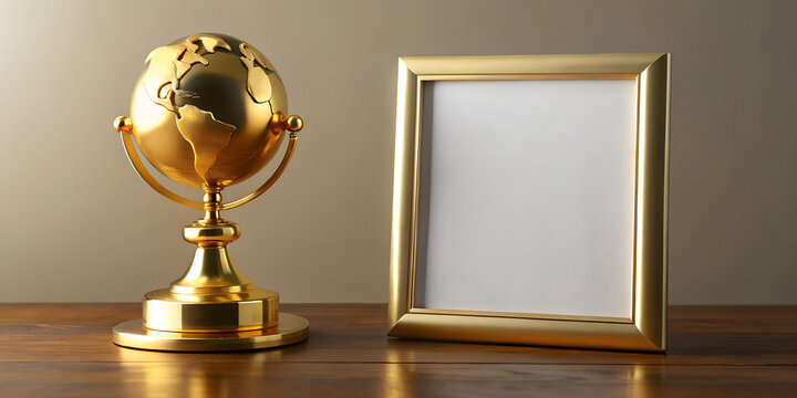 A golden Trophy globe statuette with empty blank white mockup frame on the table. Trophy of winner award. Copy space.